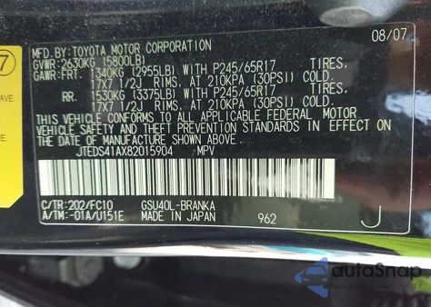 2008 Toyota Highlander z USA, uszkodzony, nr VIN JTEDS41AX82015904